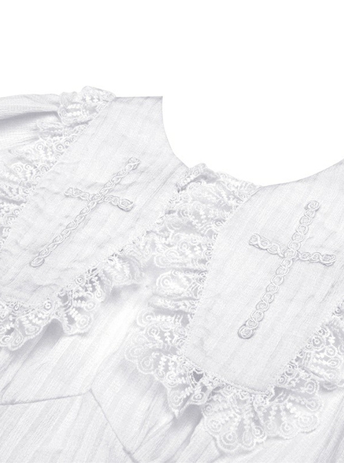 Gothic Style Unique Lace Coffin Shaped Lapels Angelic Ruffled White Long Puff Sleeves Elegant Cake Dress
