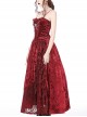 Gothic Style Blood Rose Velvet Metal Breast Chain Decoration Elegant Red Maxi Suspender Dress