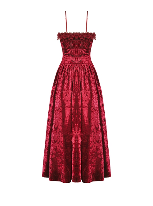 Gothic Style Blood Rose Velvet Metal Breast Chain Decoration Elegant Red Maxi Suspender Dress