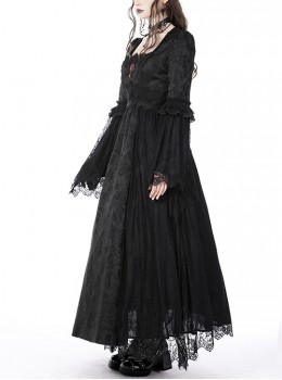 Gothic Style Palace Embroidery Elegant Square Collar Ruby Brooch Decorated Black Trumpet Sleeves Long Dress