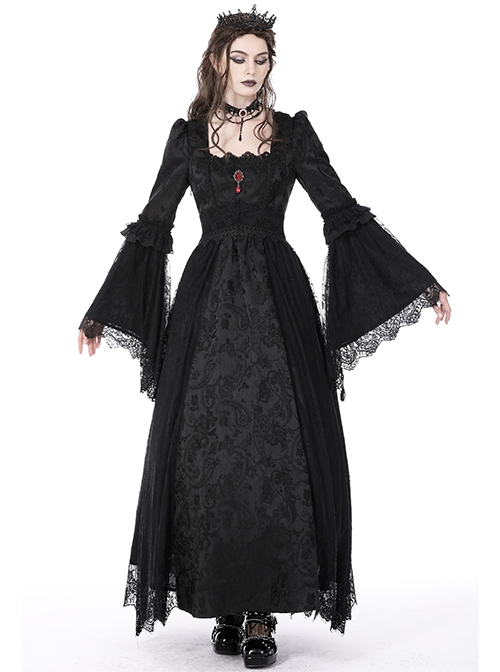 Gothic Style Palace Embroidery Elegant Square Collar Ruby Brooch Decorated Black Trumpet Sleeves Long Dress