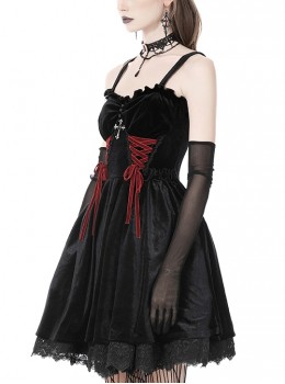 Gothic Style Elegant Velvet Metal Cross Decorated Red Cross Strap Black Suspender Tube Top Dress