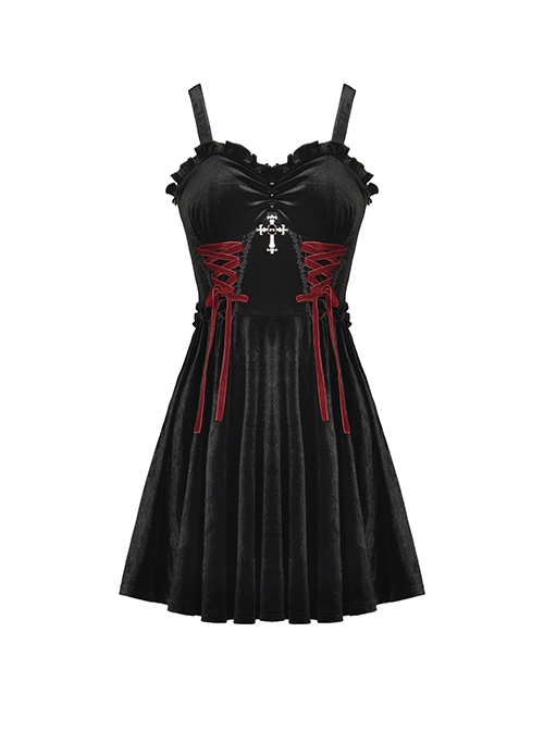 Gothic Style Elegant Velvet Metal Cross Decorated Red Cross Strap Black Suspender Tube Top Dress