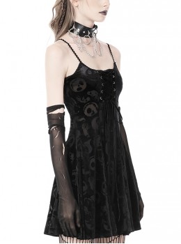 Gothic Style Velvet Cross Strap Skull Mesh Print Sexy Backless Black Suspender Slim Dress