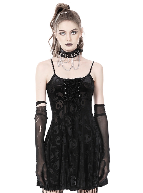 Gothic Style Velvet Cross Strap Skull Mesh Print Sexy Backless Black Suspender Slim Dress