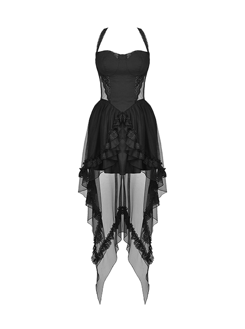 Gothic Style Waist Sexy Mesh Hollow Elegant Swallowtail Black Suspender Backless Mini Dress