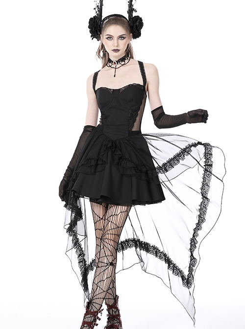 Gothic Style Waist Sexy Mesh Hollow Elegant Swallowtail Black Suspender Backless Mini Dress