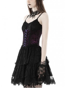 Gothic Style Sexy Spider Web Lace Purple Velvet Strap Black Suspender Tube Top Slim Dress