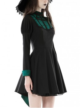 Gothic Style Elegant Stand Collar Cross Lace Green Pleated Tail Retro Black Puff Sleeves Dress