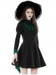 Gothic Style Elegant Stand Collar Cross Lace Green Pleated Tail Retro Black Puff Sleeves Dress