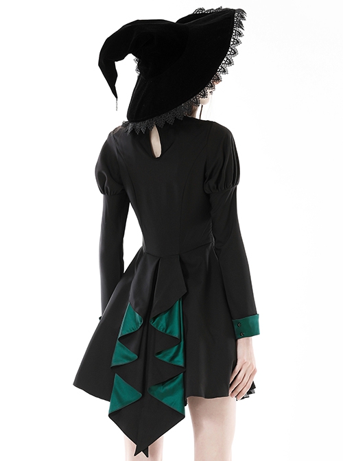 Gothic Style Elegant Stand Collar Cross Lace Green Pleated Tail Retro Black Puff Sleeves Dress