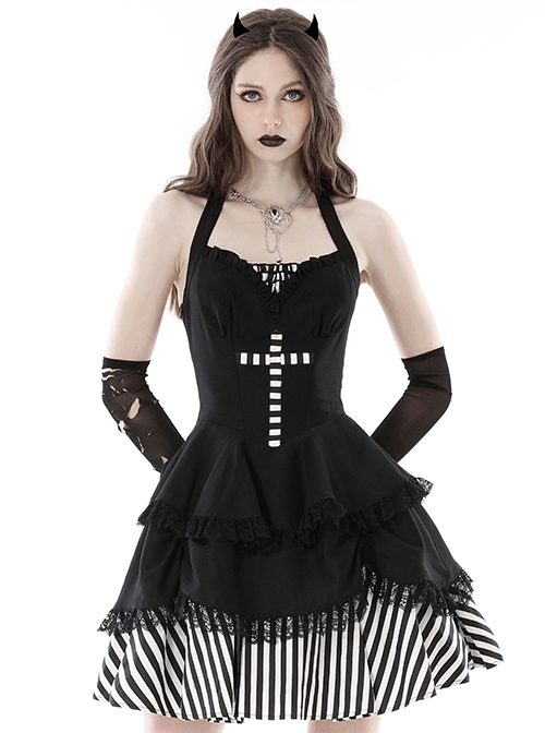 Gothic Style Unique Striped Cross Decoration Sexy Black Halter Neck Suspender Backless Short Dress