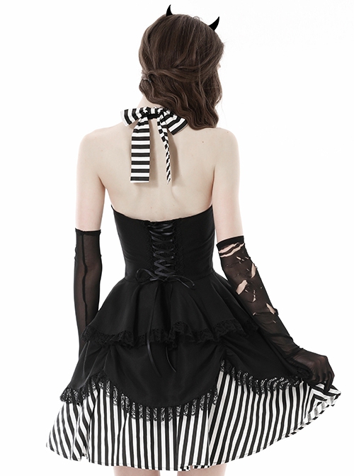 Gothic Style Unique Striped Cross Decoration Sexy Black Halter Neck Suspender Backless Short Dress