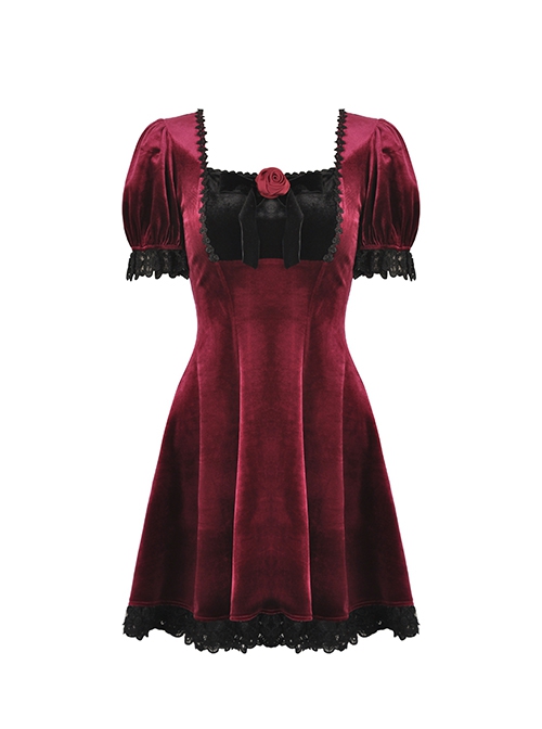 Gothic Style Romantic Velvet Rose Brooch Lace Stitching Burgundy Retro Puff Sleeves Slim Dress