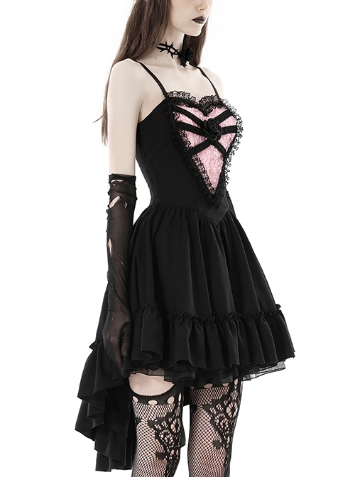 Gothic Style Chest Lace Heart Pink Rose Jacquard Fabric Three Dimensional Rose Black Elegant Suspender Dress