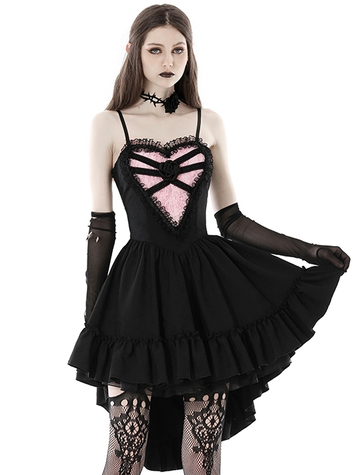 Gothic Style Chest Lace Heart Pink Rose Jacquard Fabric Three Dimensional Rose Black Elegant Suspender Dress