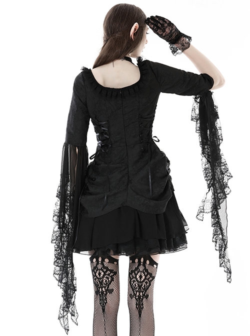 Gothic Style Romantic Curtain Hem Design Palace Exaggerated Lace Splicing Sleeves Black Short Dress