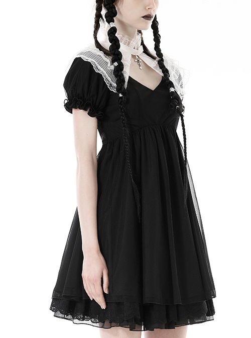Gothic Style White Lace Stand Up Collar Metal Cross Decorated Black High Waist Puff Sleeves Dress