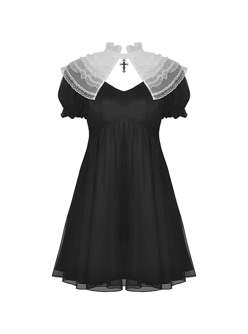 Gothic Style White Lace Stand Up Collar Metal Cross Decorated Black High Waist Puff Sleeves Dress