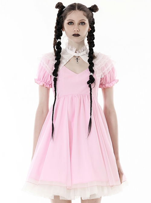 Gothic Style Sweet Lace Stand Up Collar Cute Puff Short Sleeves Retro High Waist Pink Dress