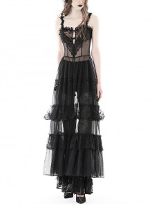 Gothic Style Sexy Transparent Heart Shape Lace On The Chest Maxi Suspender Smock Mesh Dress
