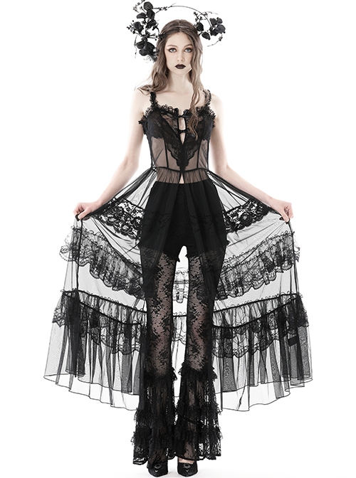 Gothic Style Sexy Transparent Heart Shape Lace On The Chest Maxi Suspender Smock Mesh Dress