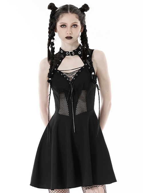 Punk Rock Style Sexy Hollow Mesh Cross Strap Rebellious Girl Cool Black Halter Neck Vest Dress