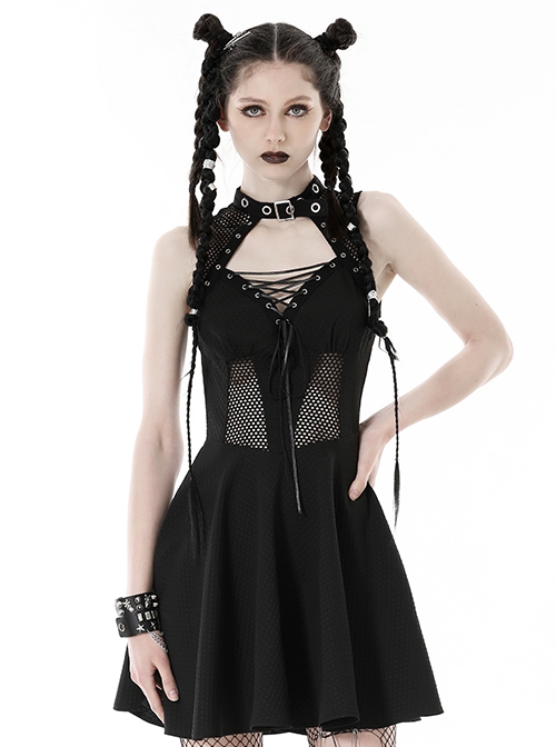 Punk Rock Style Sexy Hollow Mesh Cross Strap Rebellious Girl Cool Black Halter Neck Vest Dress