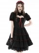 Gothic Style Lapel Love Heart Hollow On The Chest Red Cross Straps Black Retro Ruffled Puff Sleeves Dress