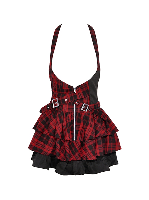 Punk Style Rock Red And Black Plaid Frill Metal Buckle Decorated Drawstring Design Halter Cake Dress