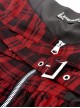 Punk Style Rock Red And Black Plaid Frill Metal Buckle Decorated Drawstring Design Halter Cake Dress