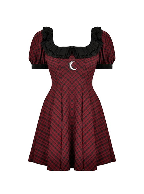 Gothic Style Elegant Ruffled Square Collar Metal Moon Pendant Decorated Red Plaid Puff Sleeves Short Dress