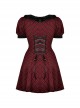 Gothic Style Elegant Ruffled Square Collar Metal Moon Pendant Decorated Red Plaid Puff Sleeves Short Dress
