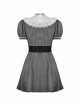 Gothic Style White Lace Mesh Spliced Neckline Waist Sweet Bowknot Black Striped Puff Sleeves Dress