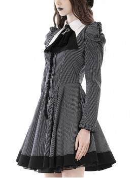 Gothic Style Bow Tie Unique Metal Scissors Decoration Black And White Striped College Style Puff Sleeves Dress