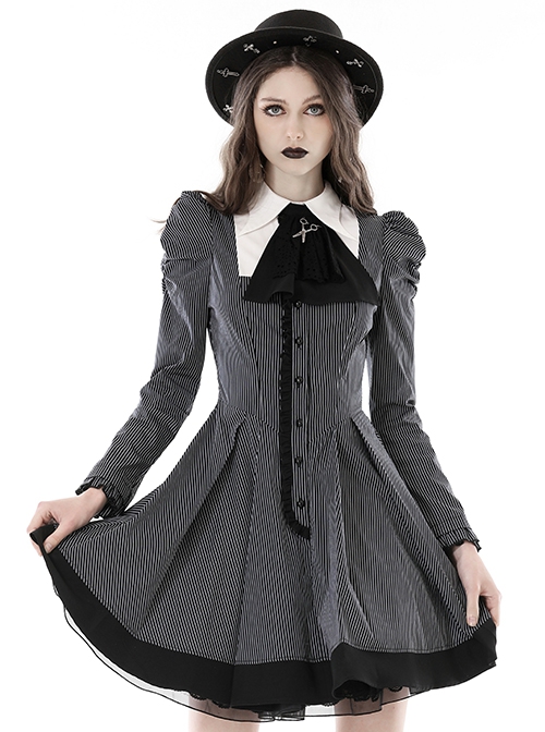 Gothic Style Bow Tie Unique Metal Scissors Decoration Black And White Striped College Style Puff Sleeves Dress