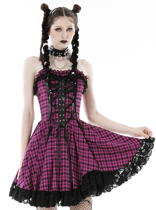 Punk Style Sweet Lace Ruffled Cross Strap Decorated Pink Plaid Rebellious Cool Suspender Short Dress