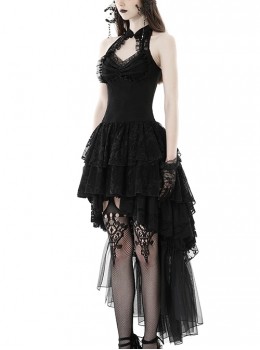 Gothic Style Buttoned Stand Up Collar Lace Splicing Elegant Long Tail Sexy Black Halter Neck Backless Dress