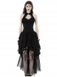 Gothic Style Buttoned Stand Up Collar Lace Splicing Elegant Long Tail Sexy Black Halter Neck Backless Dress