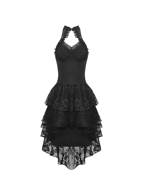 Gothic Style Buttoned Stand Up Collar Lace Splicing Elegant Long Tail Sexy Black Halter Neck Backless Dress