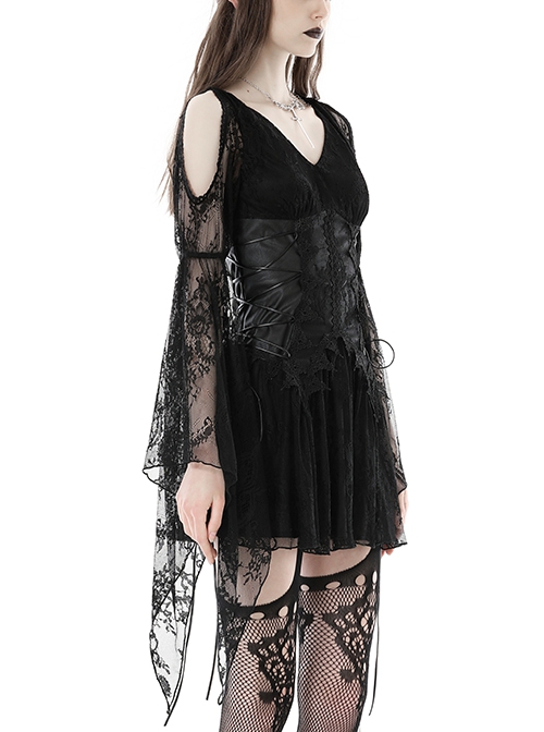Punk Style V Neck Off Shoulder Waist Leather Strapped Black Rebel Lace Long Sleeves Mini Dress