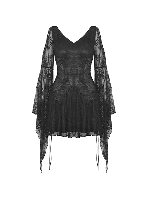 Punk Style V Neck Off Shoulder Waist Leather Strapped Black Rebel Lace Long Sleeves Mini Dress