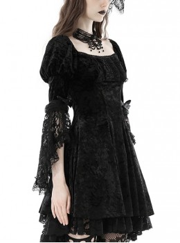 Gothic Style Velvet Lace Stitching Ribbon Bowknot Decoration Retro Palace Puff Sleeves Long Tail Dress