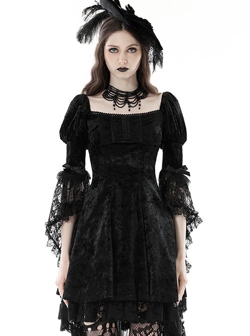 Gothic Style Velvet Lace Stitching Ribbon Bowknot Decoration Retro Palace Puff Sleeves Long Tail Dress