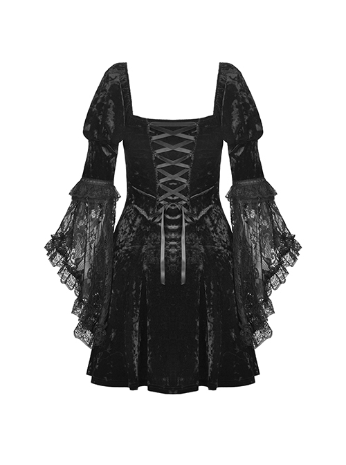 Gothic Style Velvet Lace Stitching Ribbon Bowknot Decoration Retro Palace Puff Sleeves Long Tail Dress