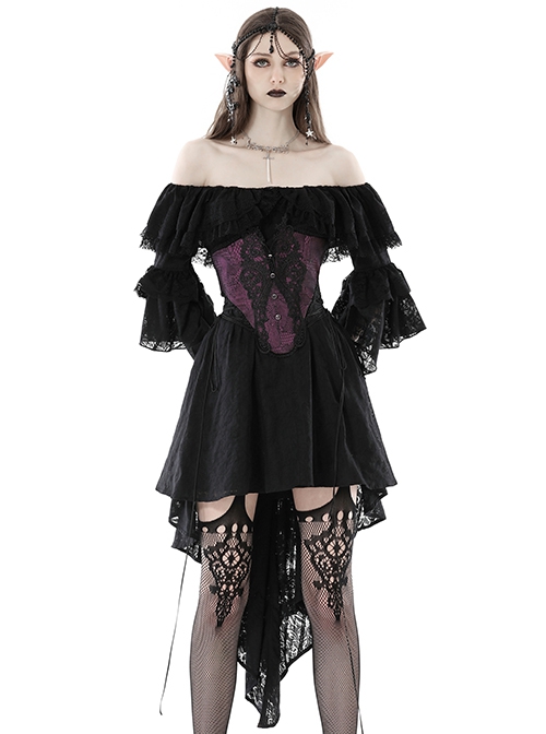 Gothic Style Sexy Suspender One Shoulder Lace Ruffled Black Half Sleeves Elegant Long Tail Dress