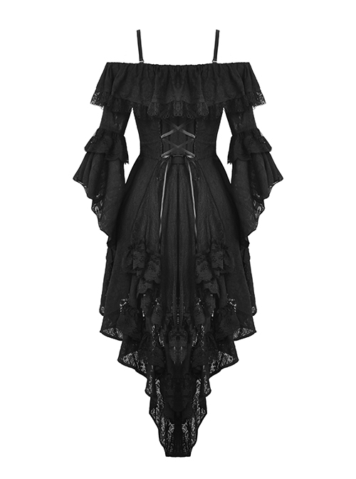 Gothic Style Sexy Suspender One Shoulder Lace Ruffled Black Half Sleeves Elegant Long Tail Dress