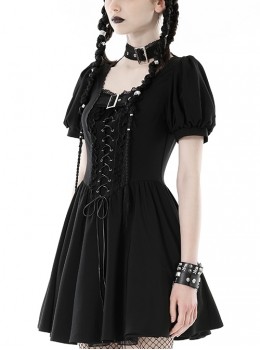 Punk Style Personalized Halter Neck Exquisite Lace Ruffles Cross Leather Straps Black Puff Short Sleeves Dress