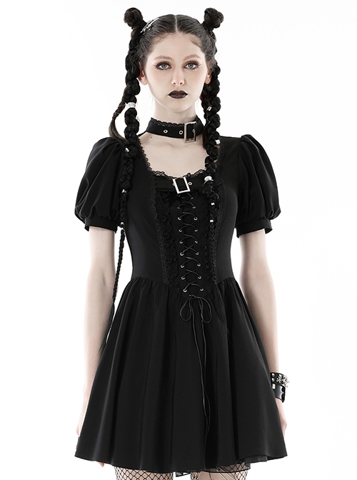Punk Style Personalized Halter Neck Exquisite Lace Ruffles Cross Leather Straps Black Puff Short Sleeves Dress
