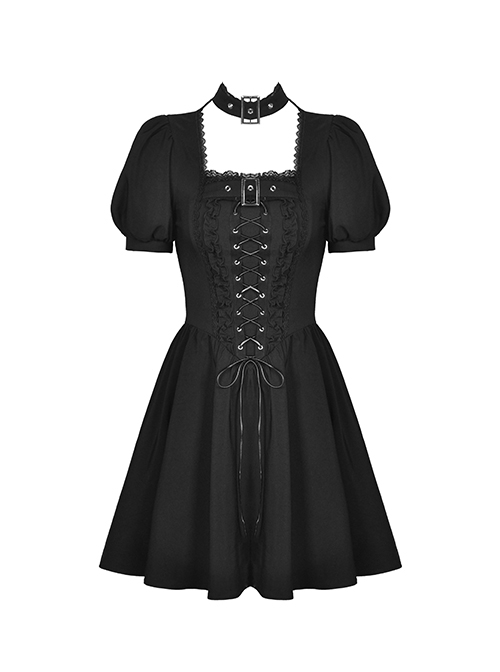 Punk Style Personalized Halter Neck Exquisite Lace Ruffles Cross Leather Straps Black Puff Short Sleeves Dress